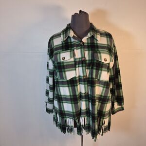 Inner Circle Fringe Hem Plaid Shirt Jacket Size 2X Green Black Fleece Shacket